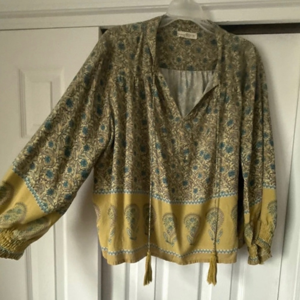 NATURAL LIFE Yellow and Teal Paisley Peasant Blouse